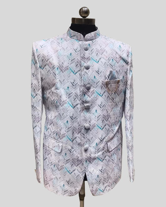 Frosted Canopy Bandhgala (Jodhpuri) – Geometric Grace in Ice Blue Tones