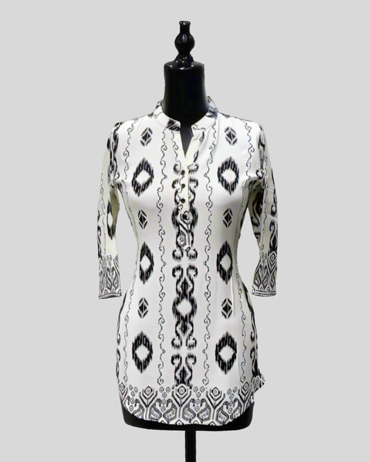 Monochrome Muse Tunic – Tribal Geometry with Tailored Ease