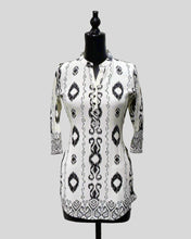 Monochrome Muse Tunic – Tribal Geometry with Tailored Ease