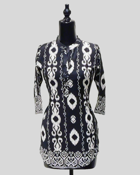 Midnight Echo Tunic Top – Abstract Tribal Elegance in Monochrome