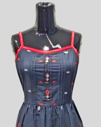 Crimson Folk Dress – Sleeveless Black Cotton Midi with Tribal Hemline