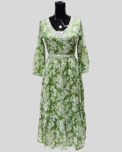 Emerald Bloom Dress – Green Satin Midi with White Floral Embroidery & Lace Neckline