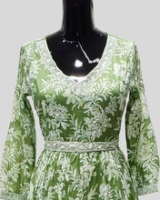 Emerald Bloom Dress – Green Satin Midi with White Floral Embroidery & Lace Neckline