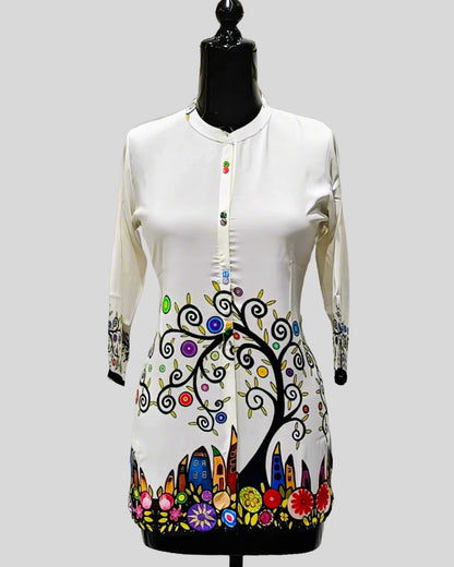Whimsy Garden Tunic Top – White Cotton Kurti with Multicolor Tree & House Print