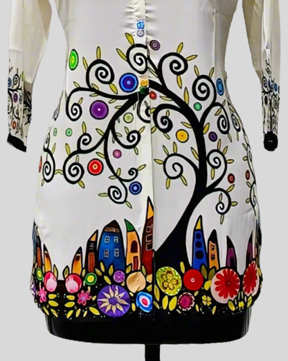Whimsy Garden Tunic Top – White Cotton Kurti with Multicolor Tree & House Print