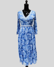 Blue Blossom Dress – V-Neck Floral Midi with Lace Trim & Flared Sleeves