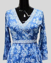 Blue Blossom Dress – V-Neck Floral Midi with Lace Trim & Flared Sleeves