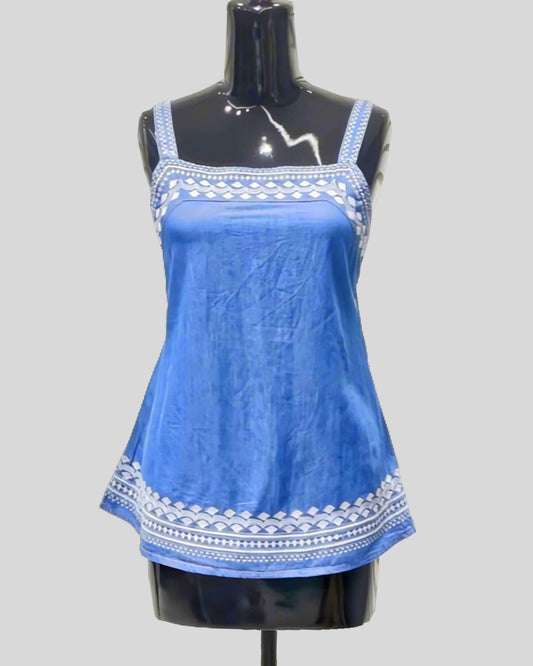 Azure Grace Tunic Top – Sleeveless Blue Satin Blouse with White Embroidered Trim