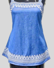 Azure Grace Tunic Top – Sleeveless Blue Satin Blouse with White Embroidered Trim