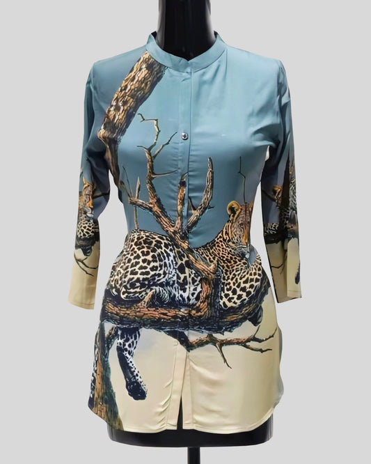 Wild Whispers Tunic Top – Leopard Print Artistic with Gradient Background