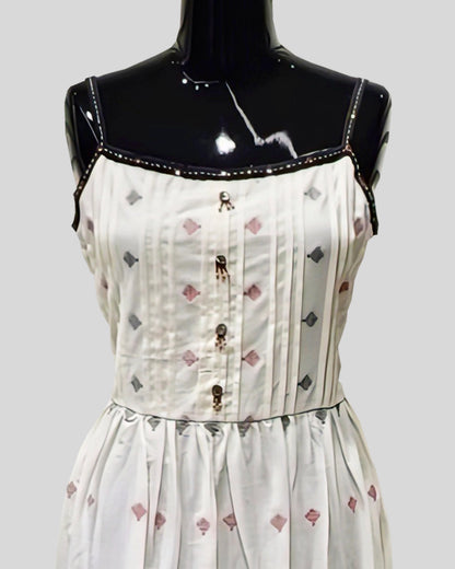 Meadow Mosaic Sundress – White Sleeveless Dress with Geometric Folk Motifs