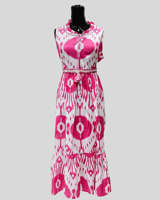 Ikat Mirage Maxi – Pink & White Sleeveless Dress with Braided Belt and Tiered Skirt