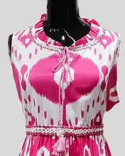 Ikat Mirage Maxi – Pink & White Sleeveless Dress with Braided Belt and Tiered Skirt