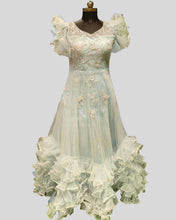 Celestia Bloom Gown – Pastel Green Formal Dress with Floral Embroidery & Sheer Puff Sleeves