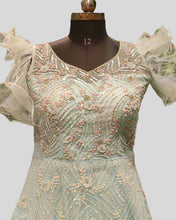 Celestia Bloom Gown – Pastel Green Formal Dress with Floral Embroidery & Sheer Puff Sleeves