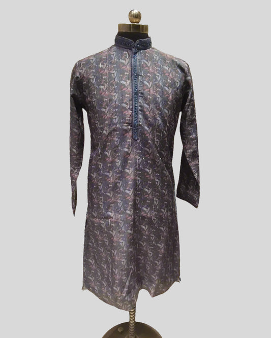 Regal Dusk Kurta – Blue & Maroon Patterned Men's Kurta Suit with Embroidered Placket