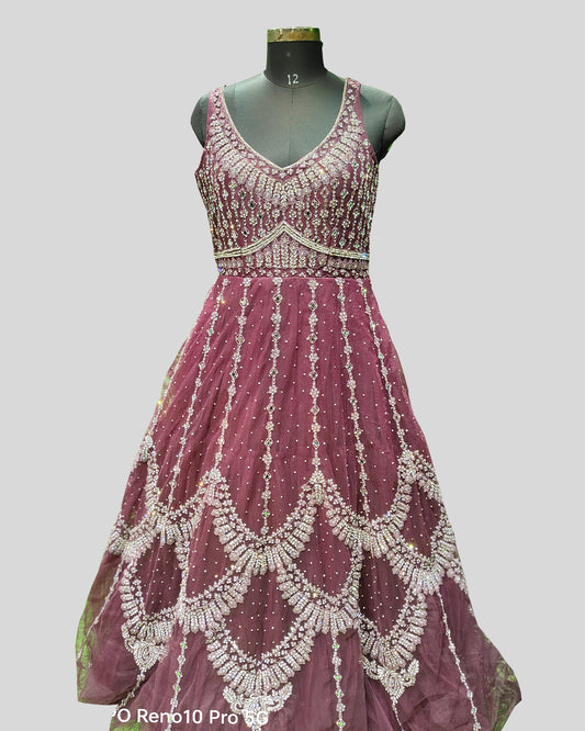 Zahra Royale Handwork Gown – Maroon Sleeveless with Silver Embroidery & Scalloped on Net Fabric