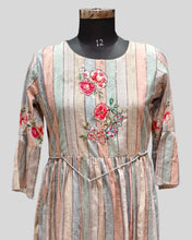 Meadow Muse Dress – Pastel Stripe Fusionwear with Floral Embroidery & Tassel Tie Waist