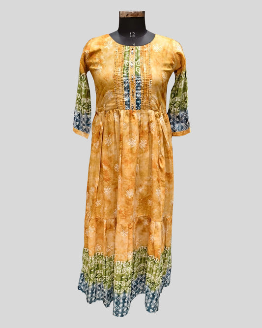 Golden-Yellow & Teal Printed Ethnic Dress – Pleated Bodice with Floral & Geometric Motifs