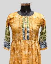 Golden-Yellow & Teal Printed Ethnic Dress – Pleated Bodice with Floral & Geometric Motifs