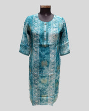 Teal Tie-Dye Printed Cotton Kurti for Women – Striped Ethnic Wear with Button Placket