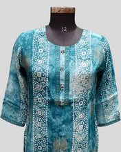 Teal Tie-Dye Printed Cotton Kurti for Women – Striped Ethnic Wear with Button Placket
