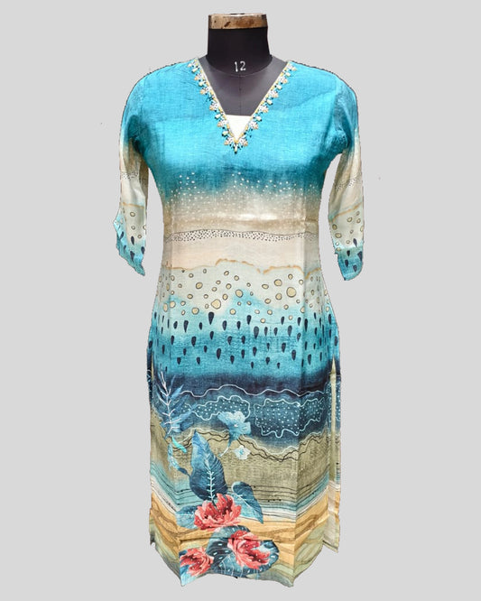 Turquoise to Beige Gradient Kurti – V-Neck with Embellished & Artistic Motifs