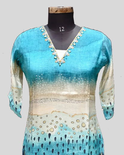 Turquoise to Beige Gradient Kurti – V-Neck with Embellished & Artistic Motifs