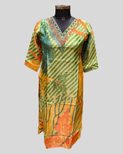 Multicolor Diagonal Stripe Ethnic Dress – Embroidered Neckline & Floral Accents in Lightweight Fabric