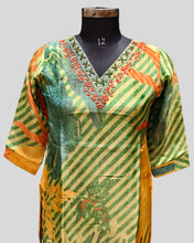 Multicolor Diagonal Stripe Ethnic Dress – Embroidered Neckline & Floral Accents in Lightweight Fabric