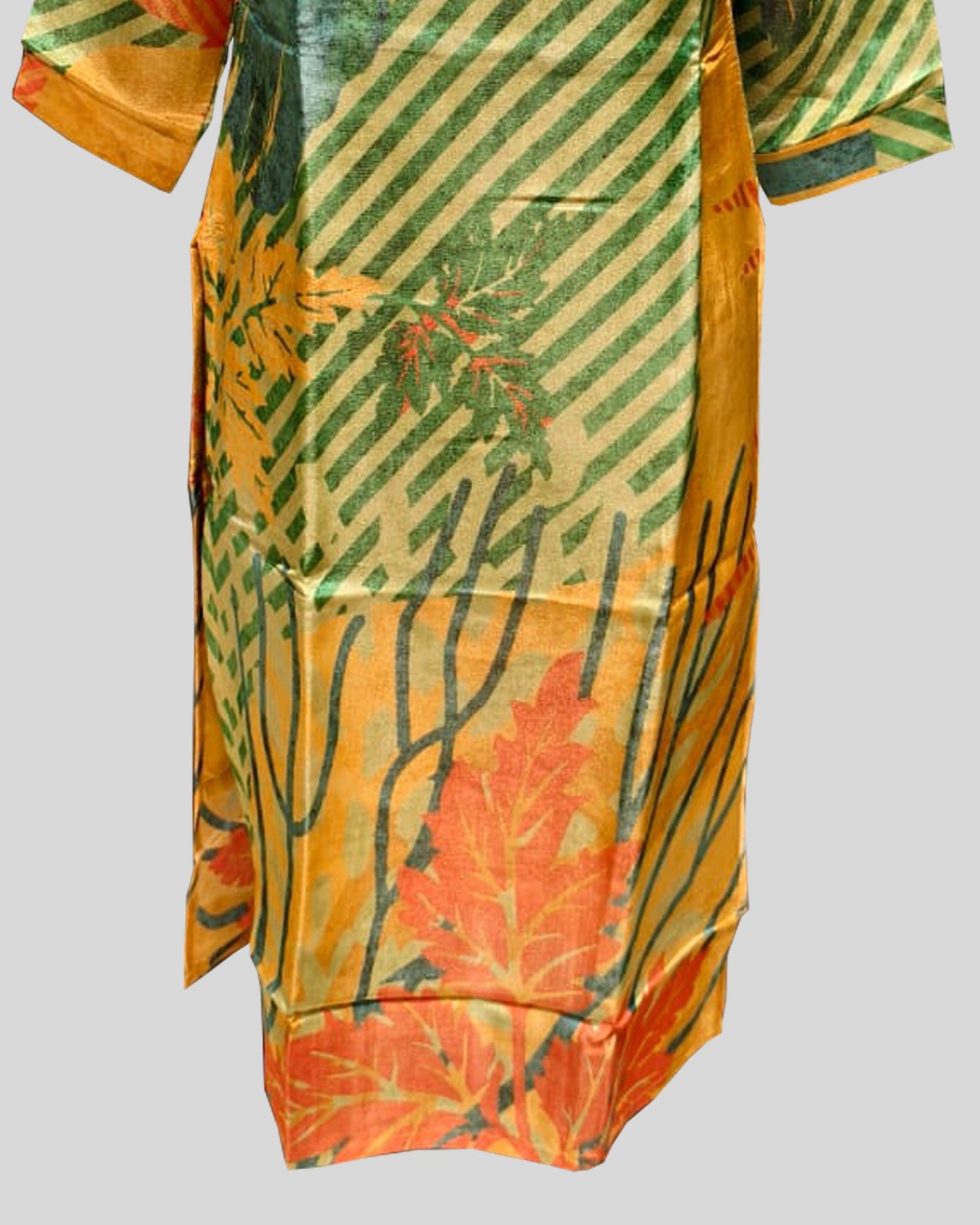 Multicolor Diagonal Stripe Ethnic Dress – Embroidered Neckline & Floral Accents in Lightweight Fabric