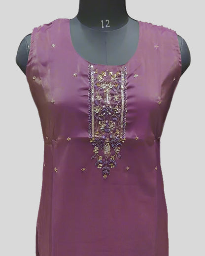 Purple Sleeveless Embroidered Kurti – Ornamental Gold Threadwork & Gradient Hemline