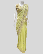 Light Green Embroidered Saree – Golden Threadwork with Matching Blouse for Festive Elegance