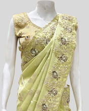Light Green Embroidered Saree – Golden Threadwork with Matching Blouse for Festive Elegance