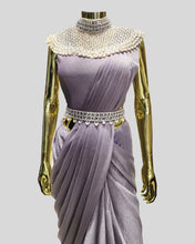 Lavender Pleated Saree – Pearl & Rhinestone High Neck with Embellished Waistline