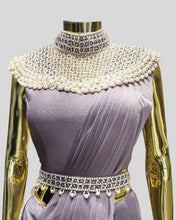 Lavender Pleated Saree – Pearl & Rhinestone High Neck with Embellished Waistline