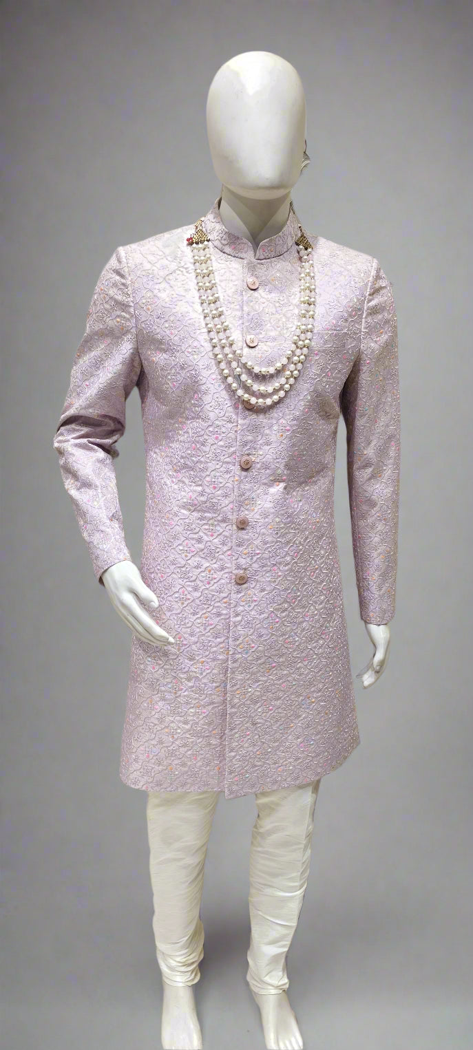 Men's Rose Mist Indo Western – Embroidered Elegance with Regal Pearl Accents