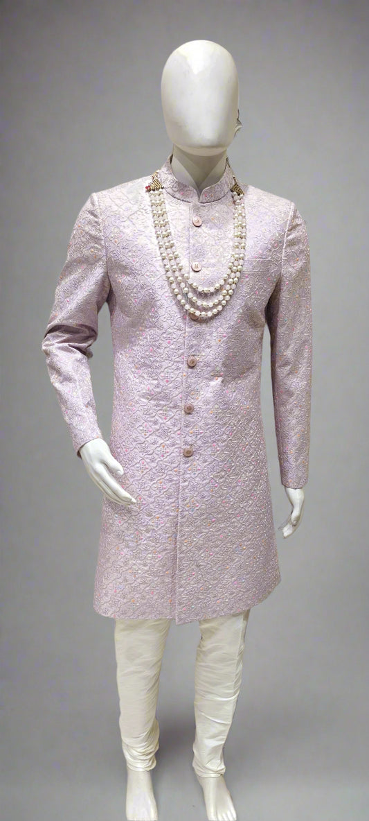 Men's Rose Mist Indo Western – Embroidered Elegance with Regal Pearl Accents