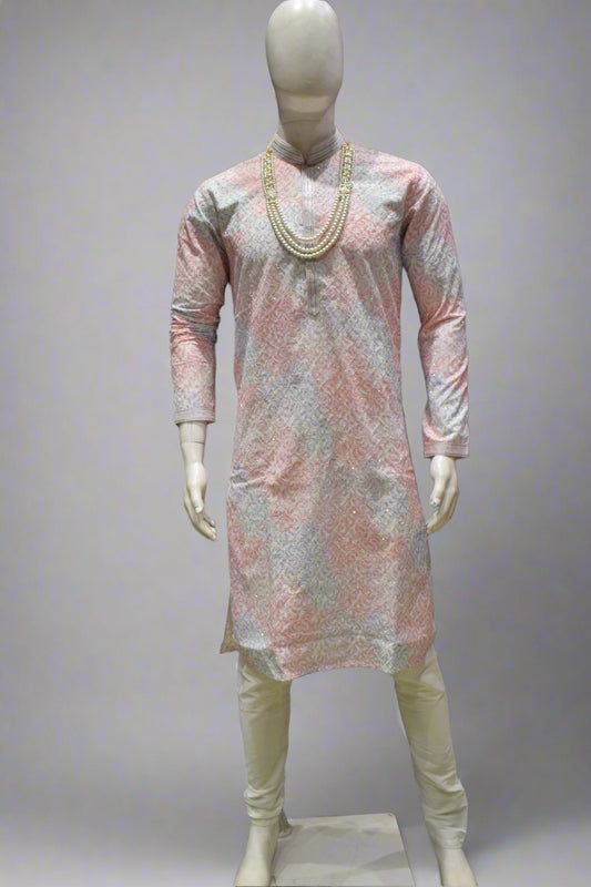 Sequence Work Pastel Floral Printed Kurta Set with Cream Churidar – Elegant Ethnic Wear