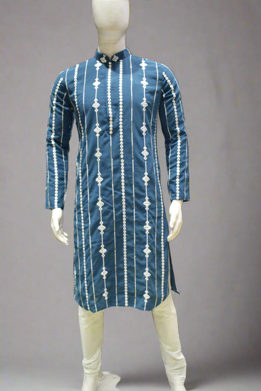 Men’s Teal Kurta Set with Vertical Thread Work & Band Collar Geometric & Floral Embroidery