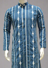 Men’s Teal Kurta Set with Vertical Thread Work & Band Collar Geometric & Floral Embroidery