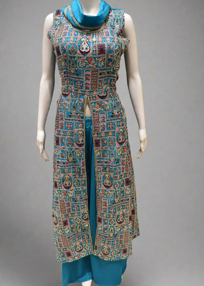 Designer Blue Paisley & Geometric Motifs Long Top Palazzo Suit – Ethnic Wear