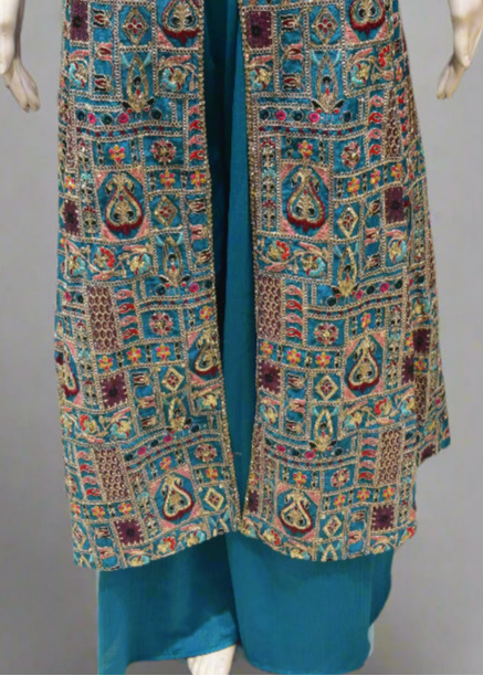 Designer Blue Paisley & Geometric Motifs Long Top Palazzo Suit – Ethnic Wear