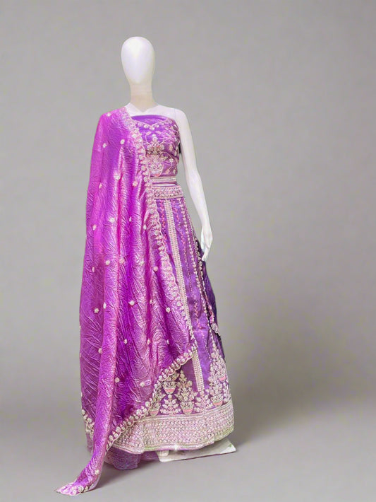 Royal Orchid Bridal Lehenga Choli – Strapless Elegance in Silver & Sequins