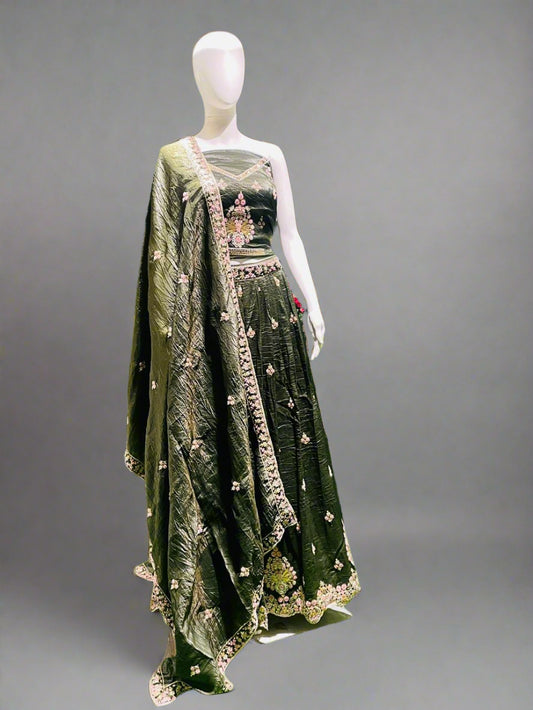 Midnight Garden Bridal Lehenga Choli – Gold & Pink Embroidery in Regal Green