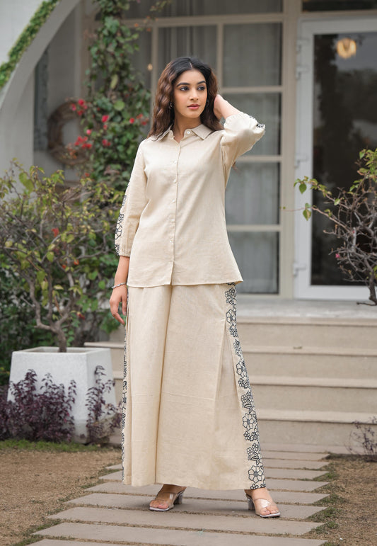 Women’s Beige Cotton Kurti Bottom Set with Embroidered Palazzo – Casual & Office Wear