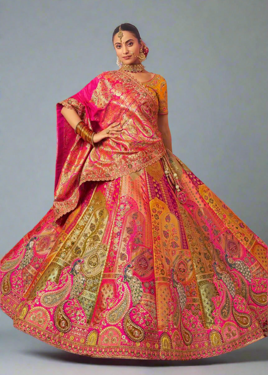 Multicolor Unstitch Traditional Silk Lehenga Choli with Sequins & Beaded Embellishments Heavy Embroidery